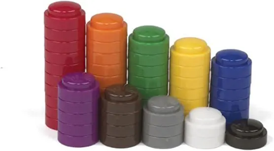 A group of plastic containers in different colors.